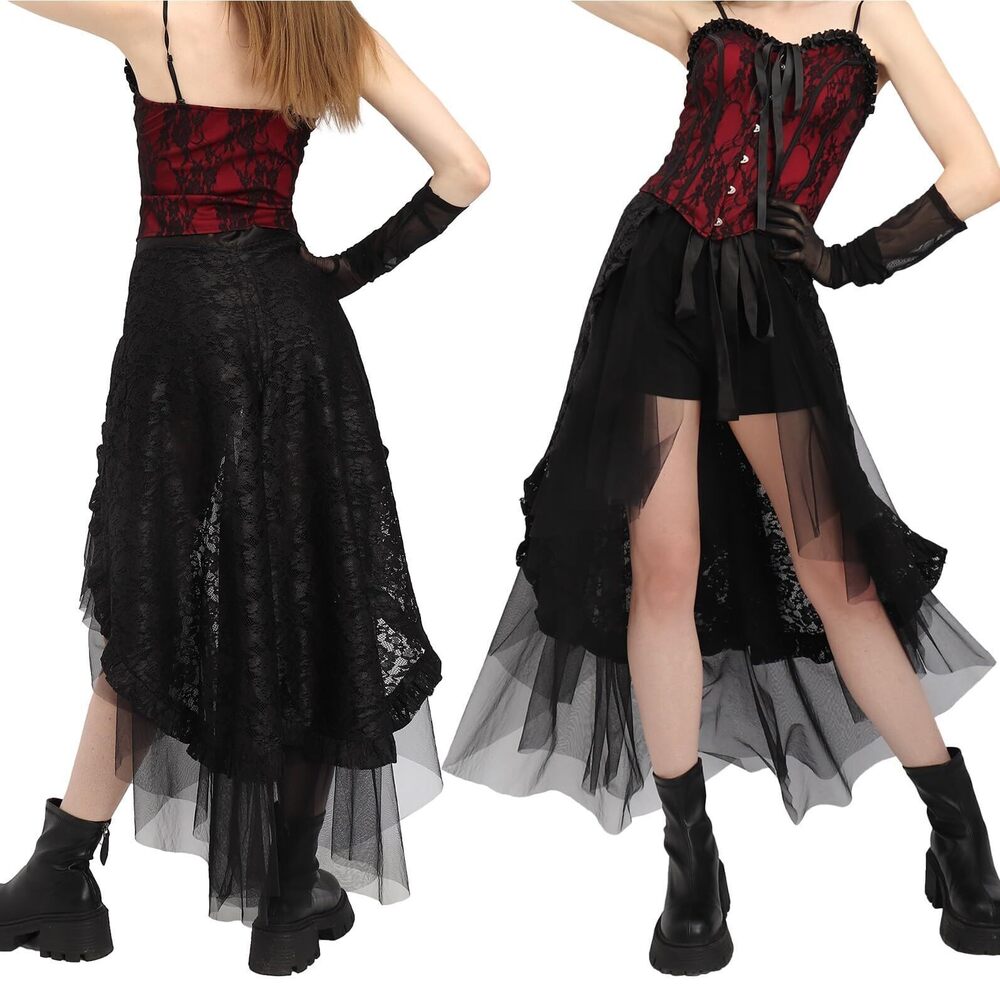 1833 Tulle Lace Ruffles Overskirt Gothic Black Skirt Cocktail Prom Dress